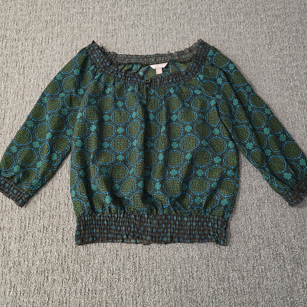 White Stag M Brown Green Floral Peasant Blouse Boho 70s Retro Balloon Sleeve